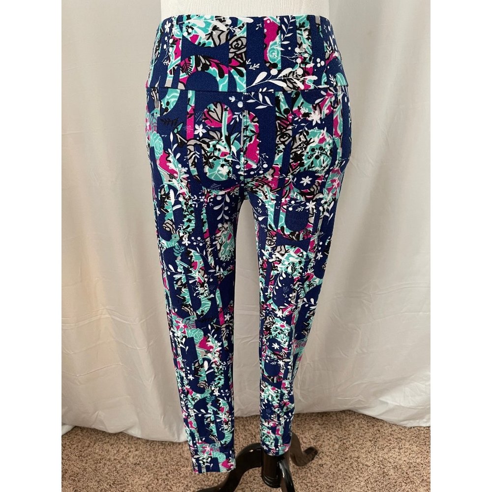 LuLaRoe Women's Navy Multi-Color Floral Abstract Print Stretch Leggings One Size - Picture 1 of 6